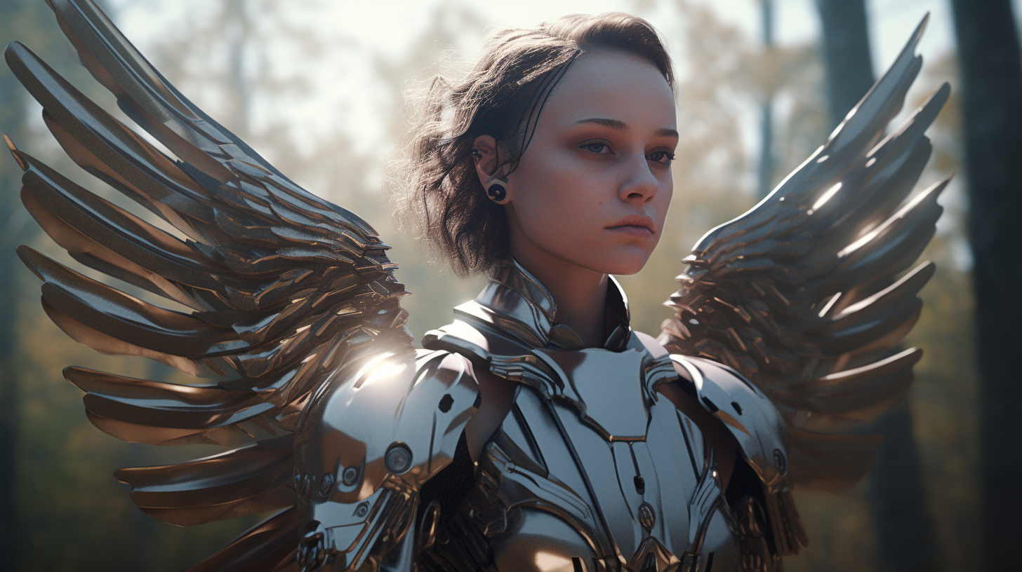 Beautiful female humanoid angel with armor and wings