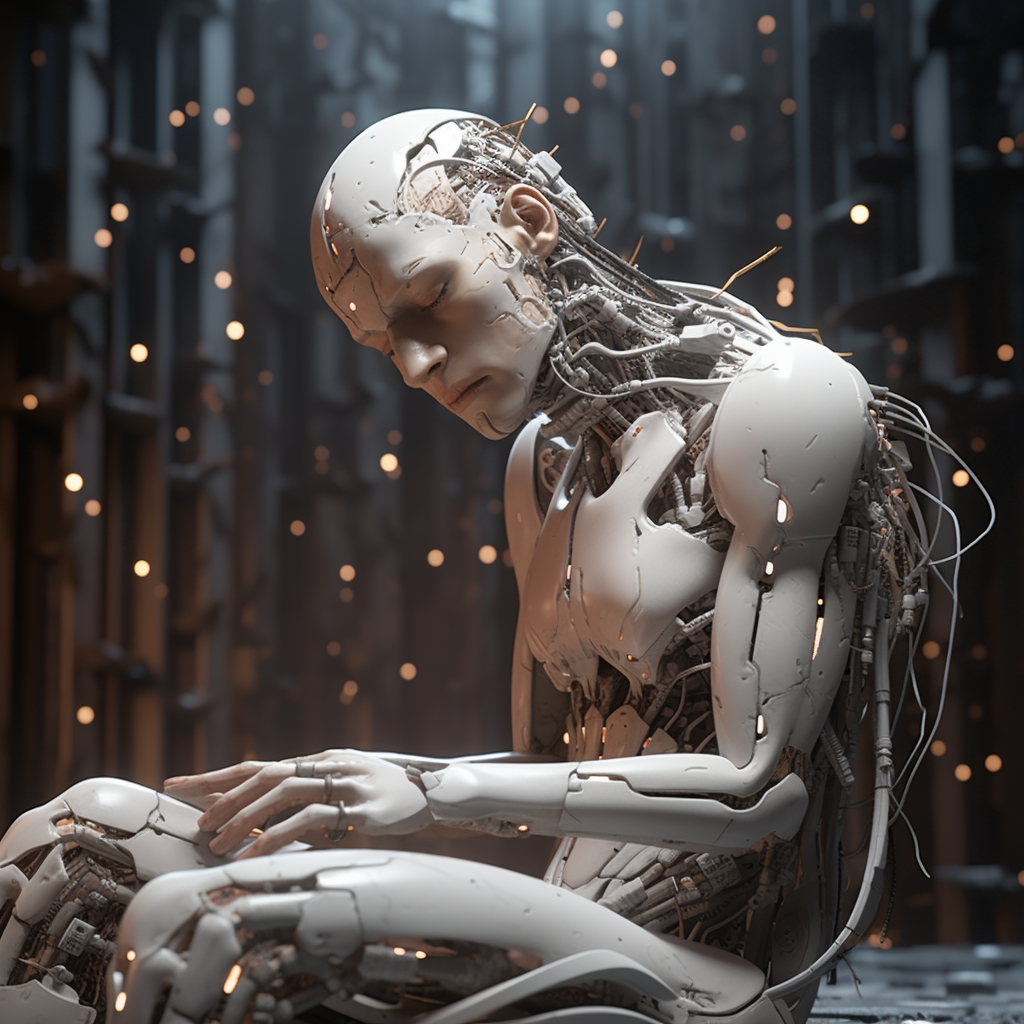 Humanoid ASI robot contemplating existence