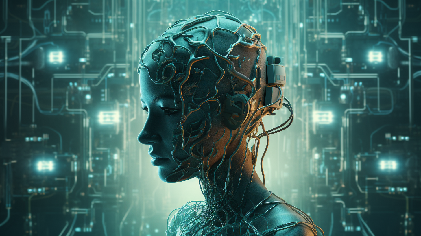 Humanoid Brain Circuit Chip Microprocessor on Teal Background