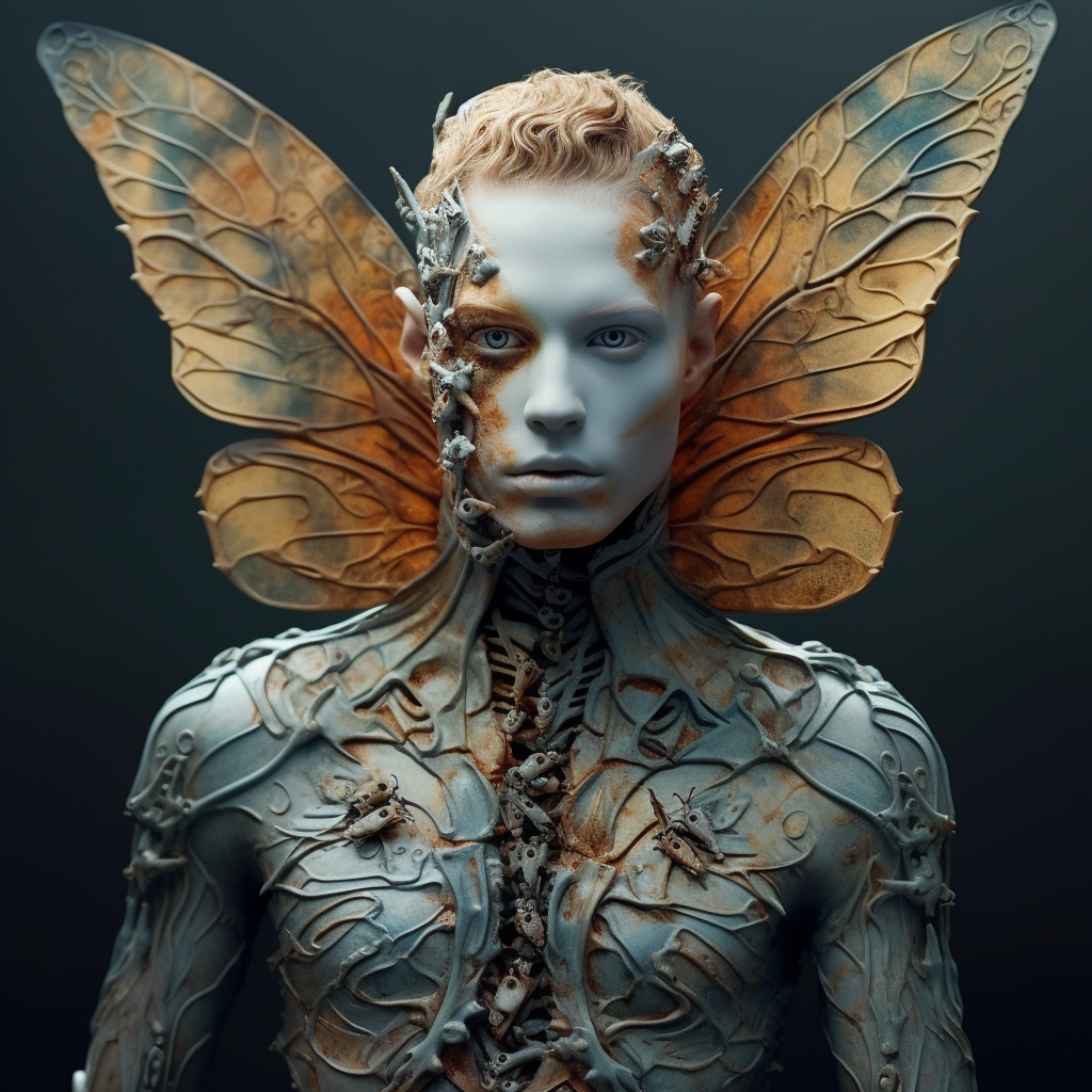 Ambiguous male humanoid butterfly in photo realistic image