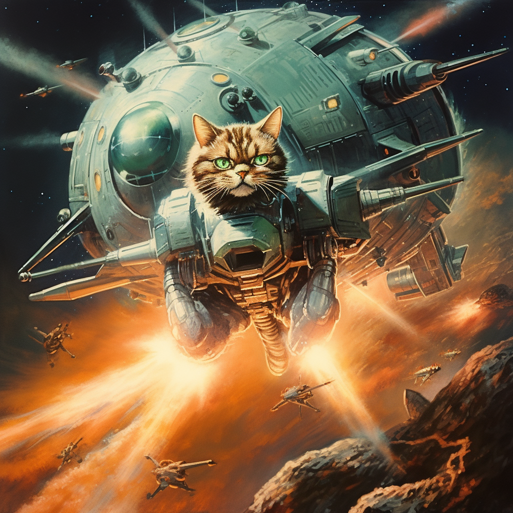 Humanoid cat piloting space ship in laser battle