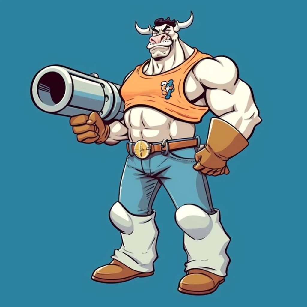 Muscular humanoid cow holding a bazooka