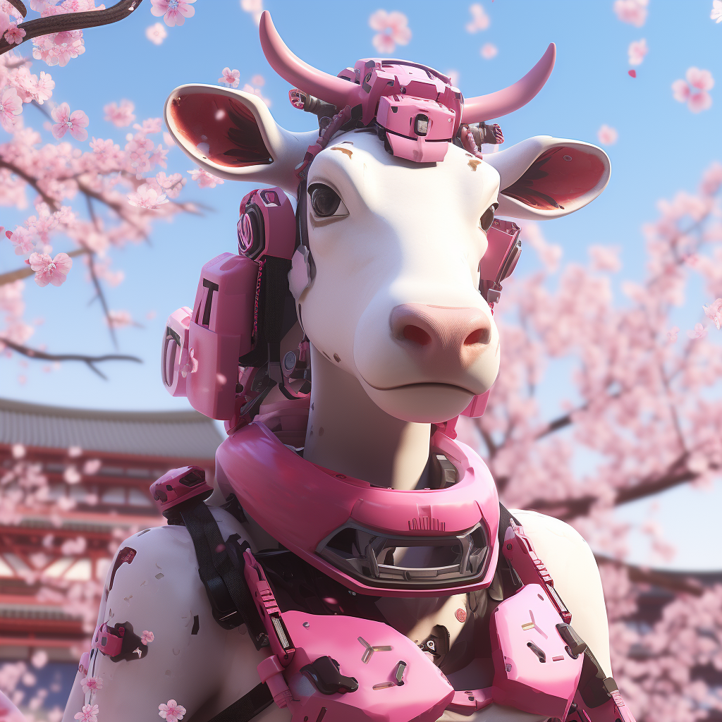 Cow with Pink Accents and Cherry Blossom Background