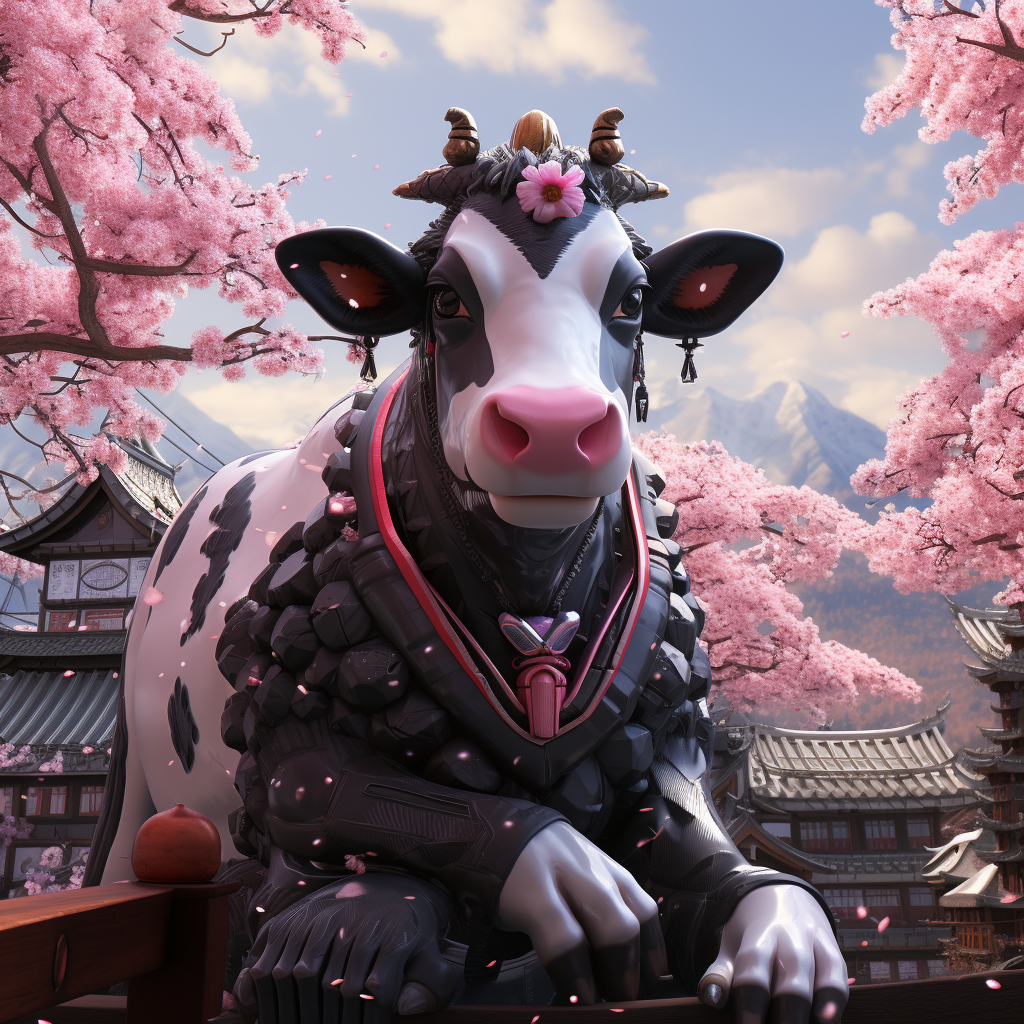 Pink-accented humanoid cow in cherry blossom background