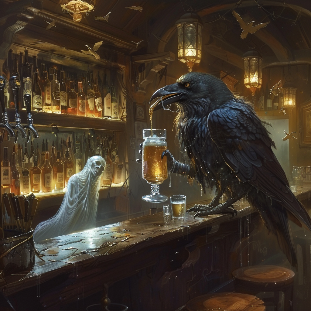 Crow bartender ghost serving beer cartoon