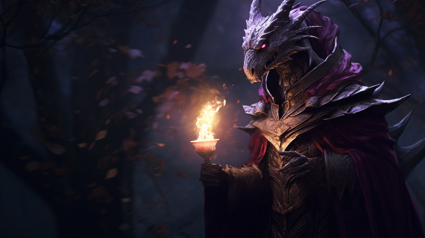 Humanoid dragon in dark forest with purple candle