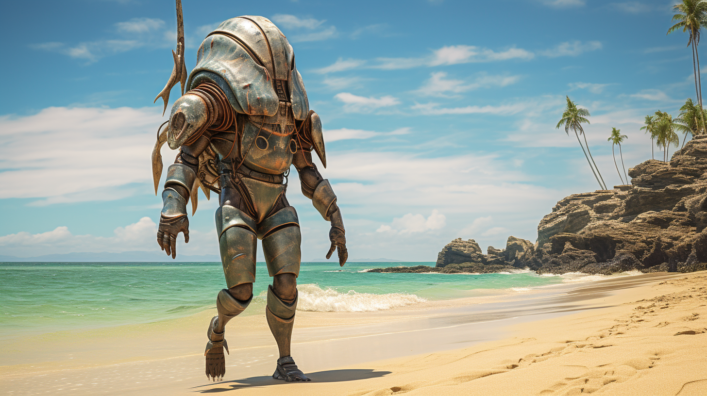 Humanoid earthworm knight on tropical beach