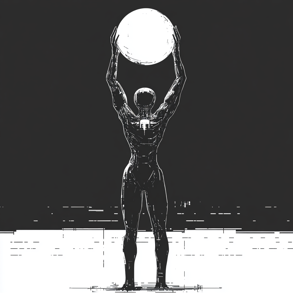 Monochrome humanoid lifting round shape