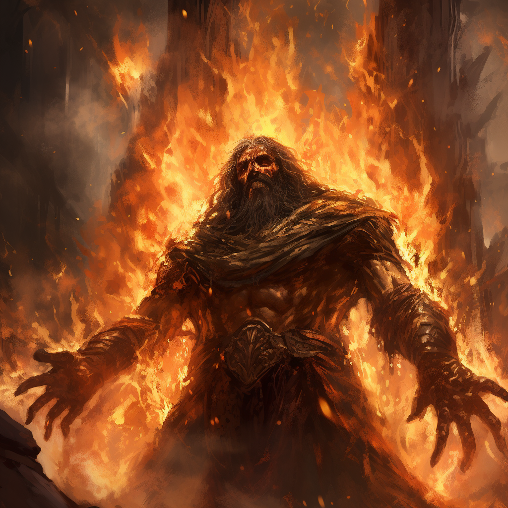 Fiery and Shadowy Humanoid with Flaming Whips and Sword