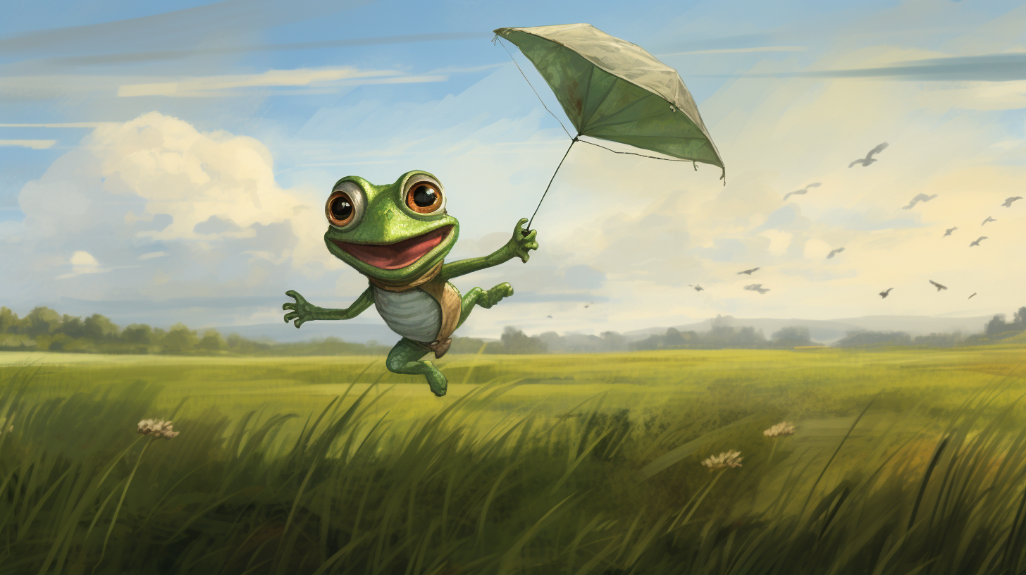 Illustration of a humanoid frog flying a kite