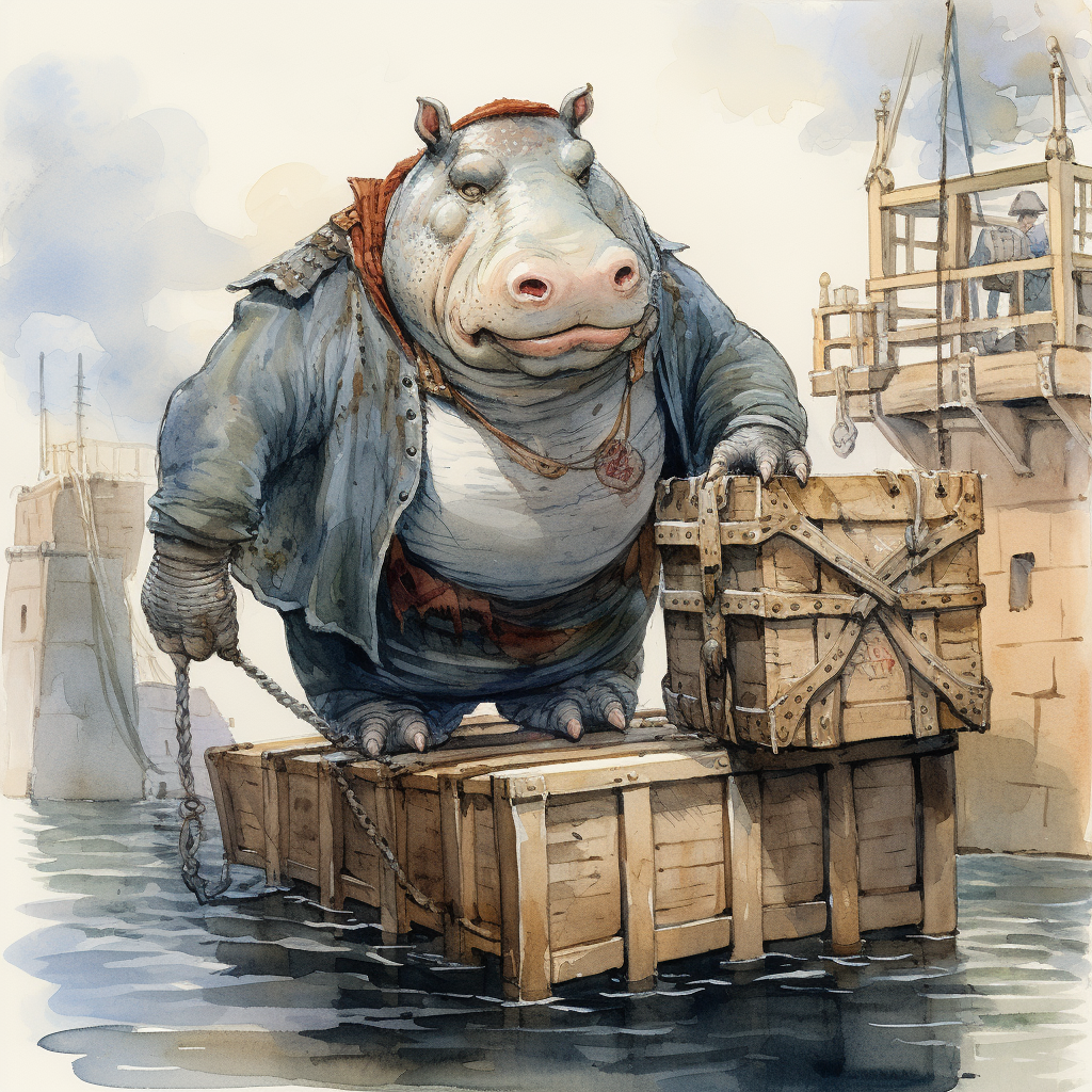 Humanoid Hippo in Pirate Clothing with Crate on Ship