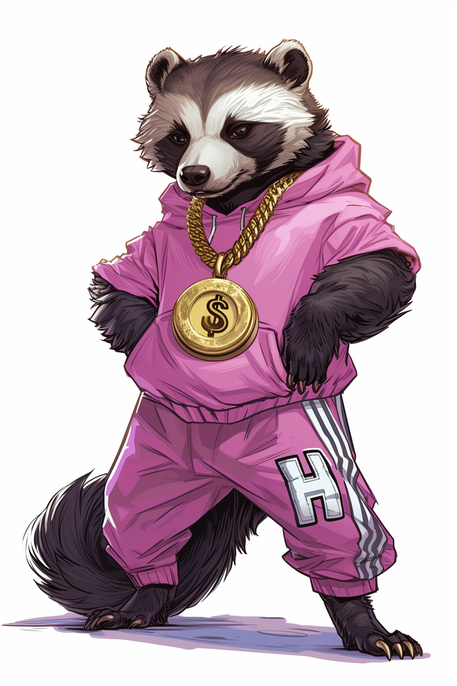 Cartoon honey badger in pink sweatshirt with gold chain