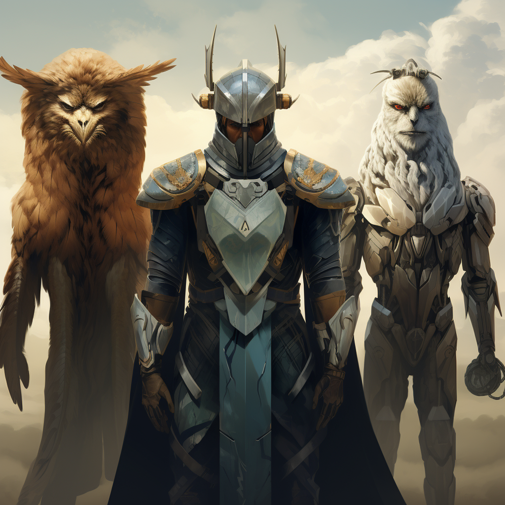 Futuristic humanoid priest with lion, eagle, and ox features