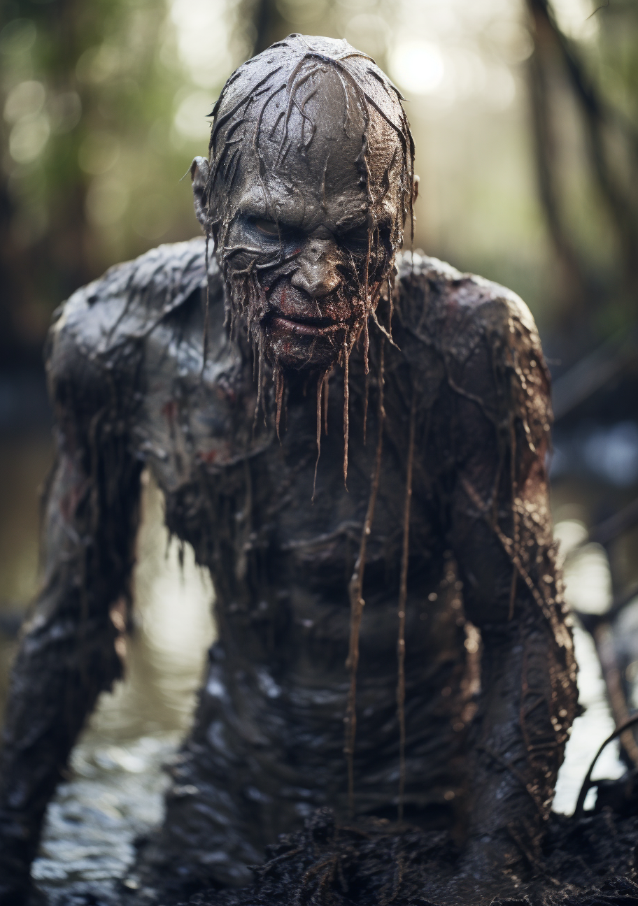 Scary gray-skinned humanoid in mud swamp