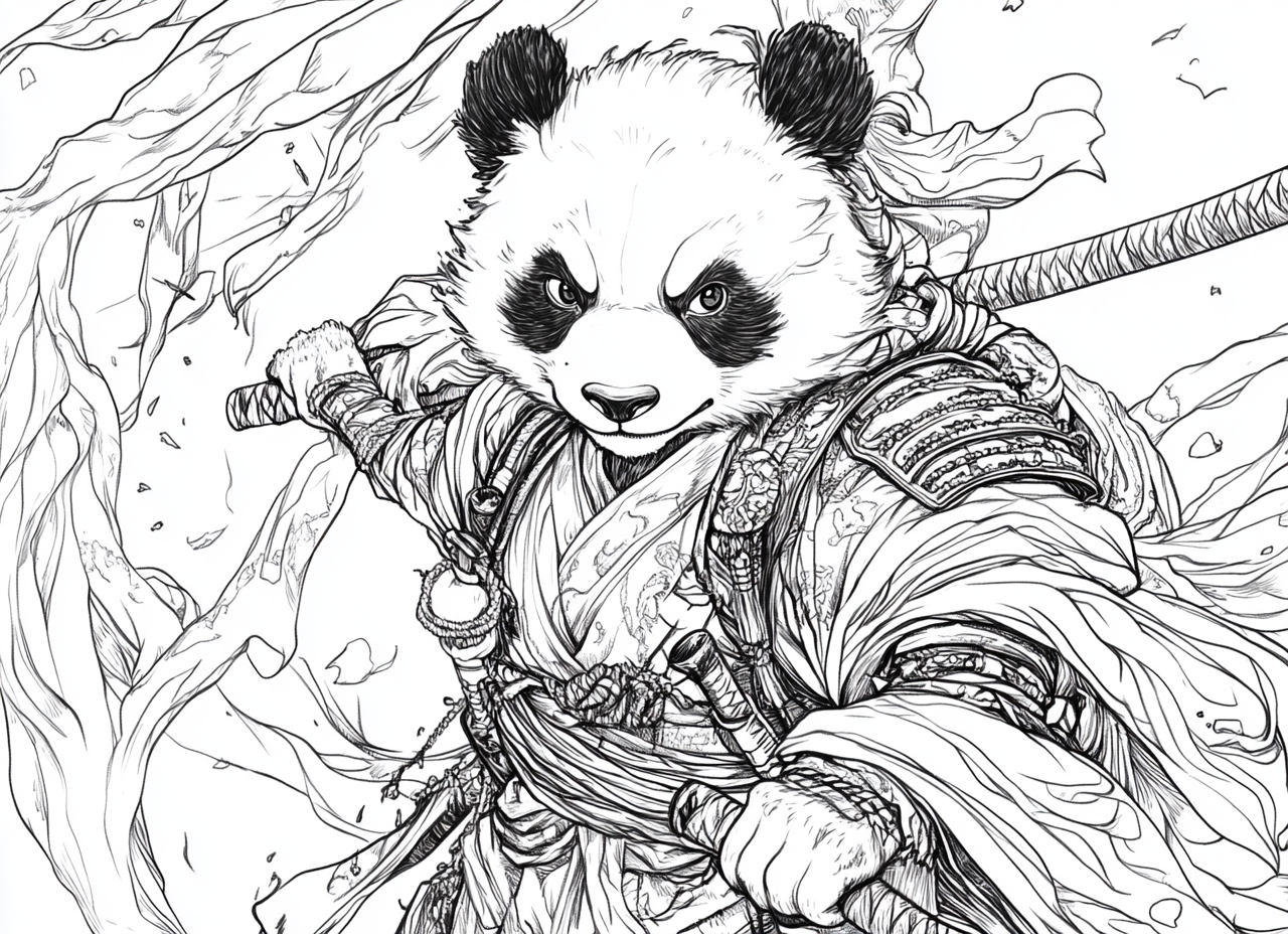 Panda Japanese Warrior Coloring Page