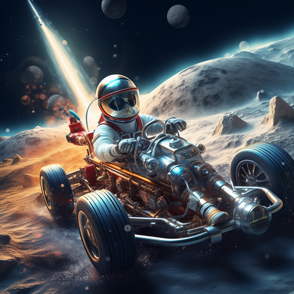 Humanoid Robot driving rocket car in space