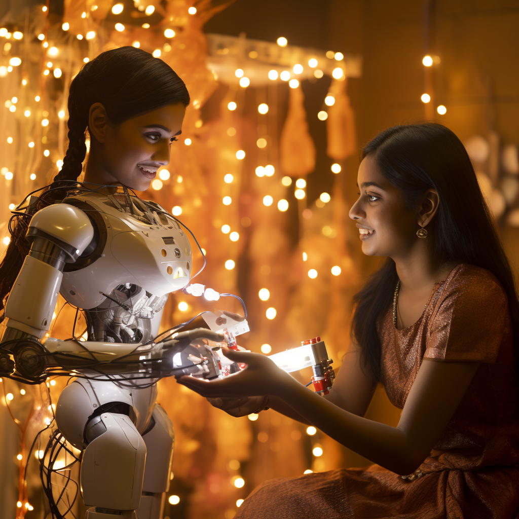 Humanoid robot assisting Indian engineering student during Diwali