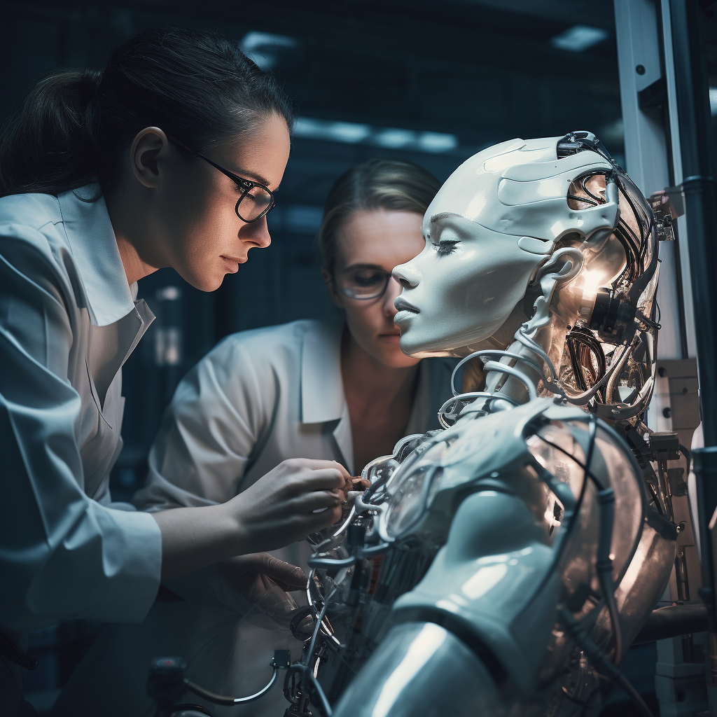 Scientists working on beautiful humanoid robot