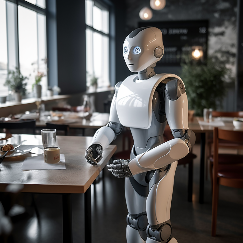 Humanoid robot serving food in a restaurant