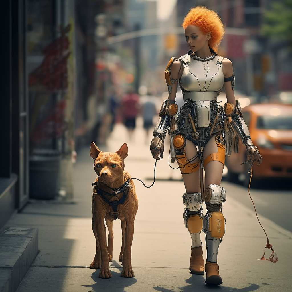 Humanoid robot walking a chihuahua on a city street