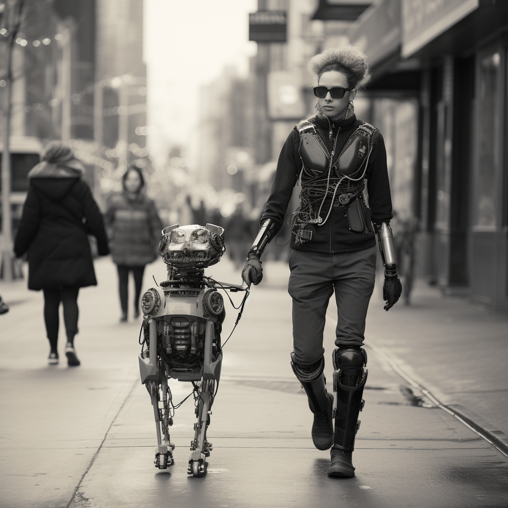 Walking humanoid robot with small dog in city