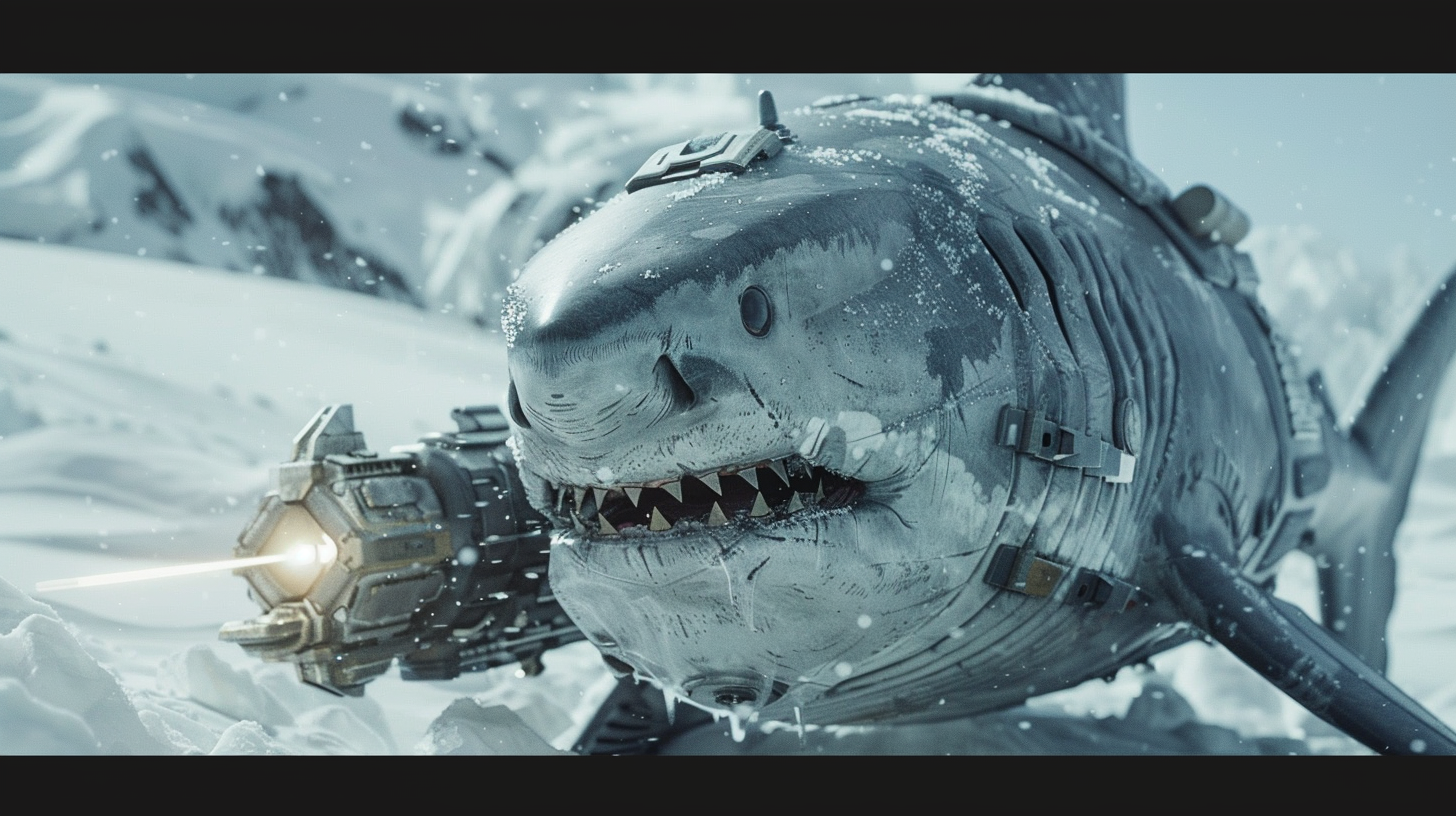 humanoid shark with laser gun on snow