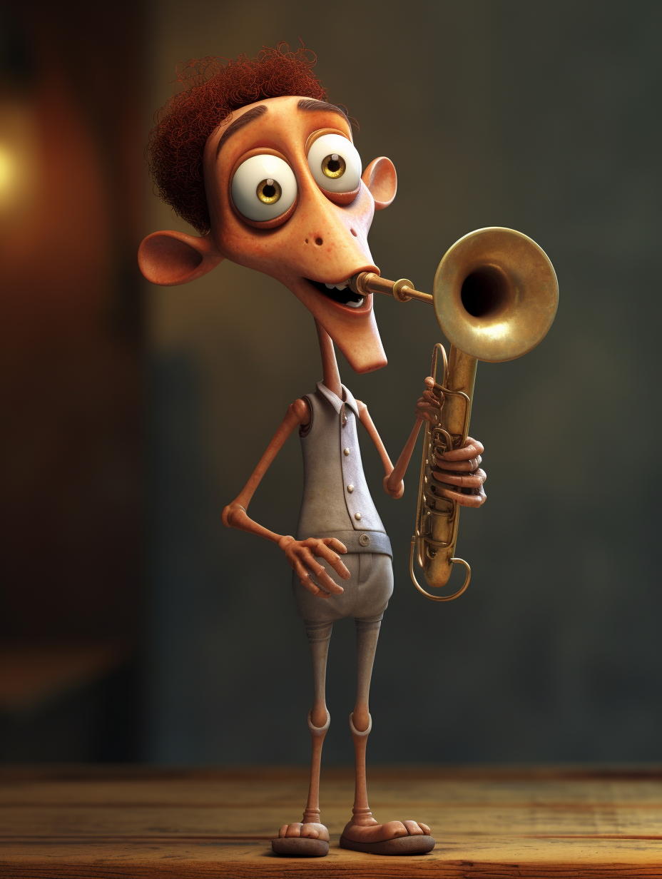 Happy Pixar character playing a trumpet