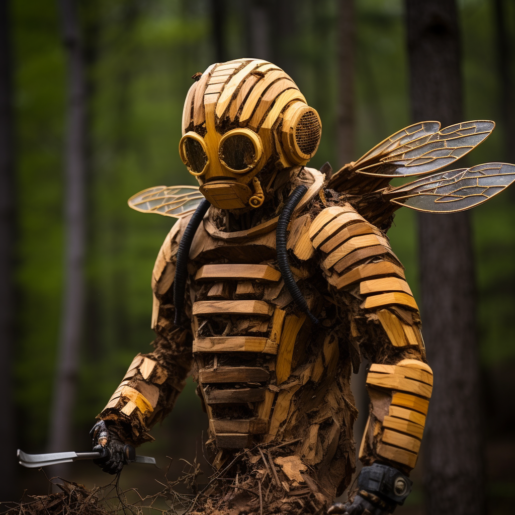 Wood bee with chainsaws in forest