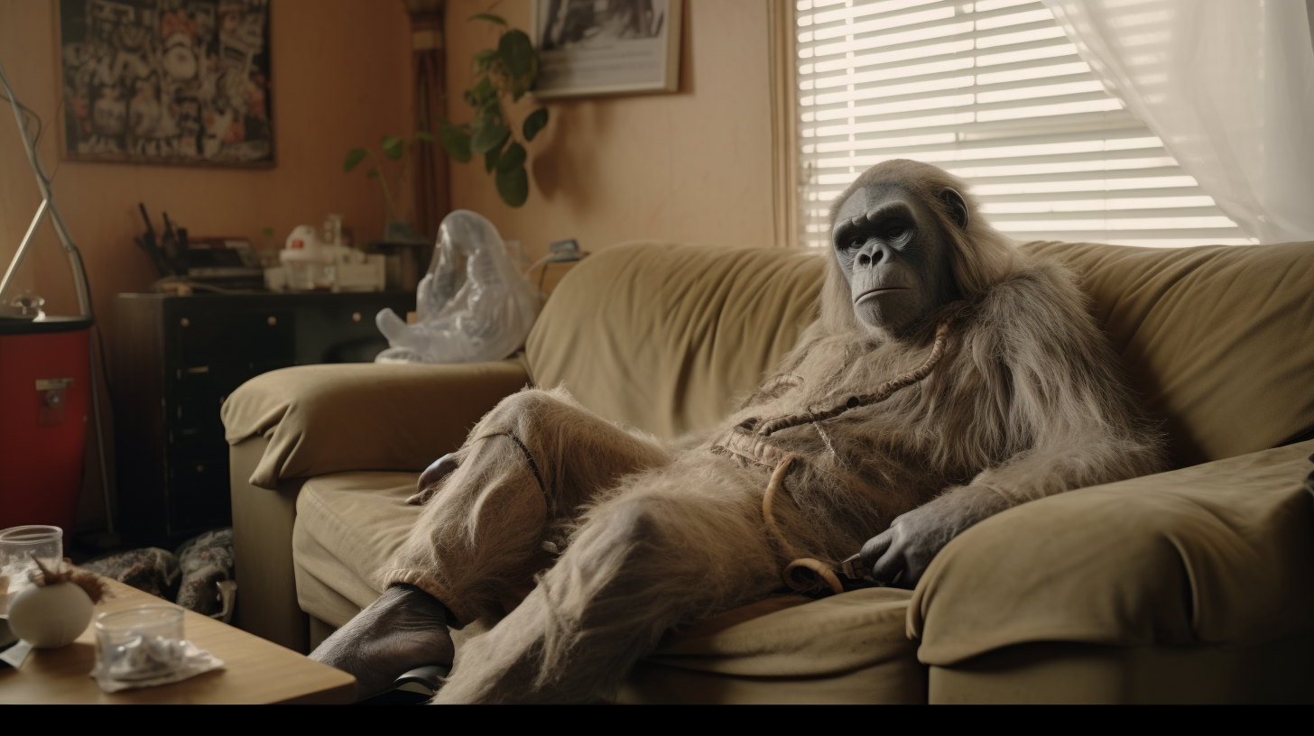 Humanoid ape on couch in Chinese apartment