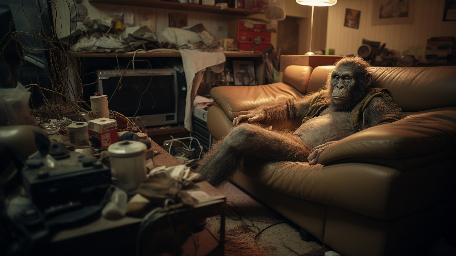 Humanoid ape relaxing on cluttered couch