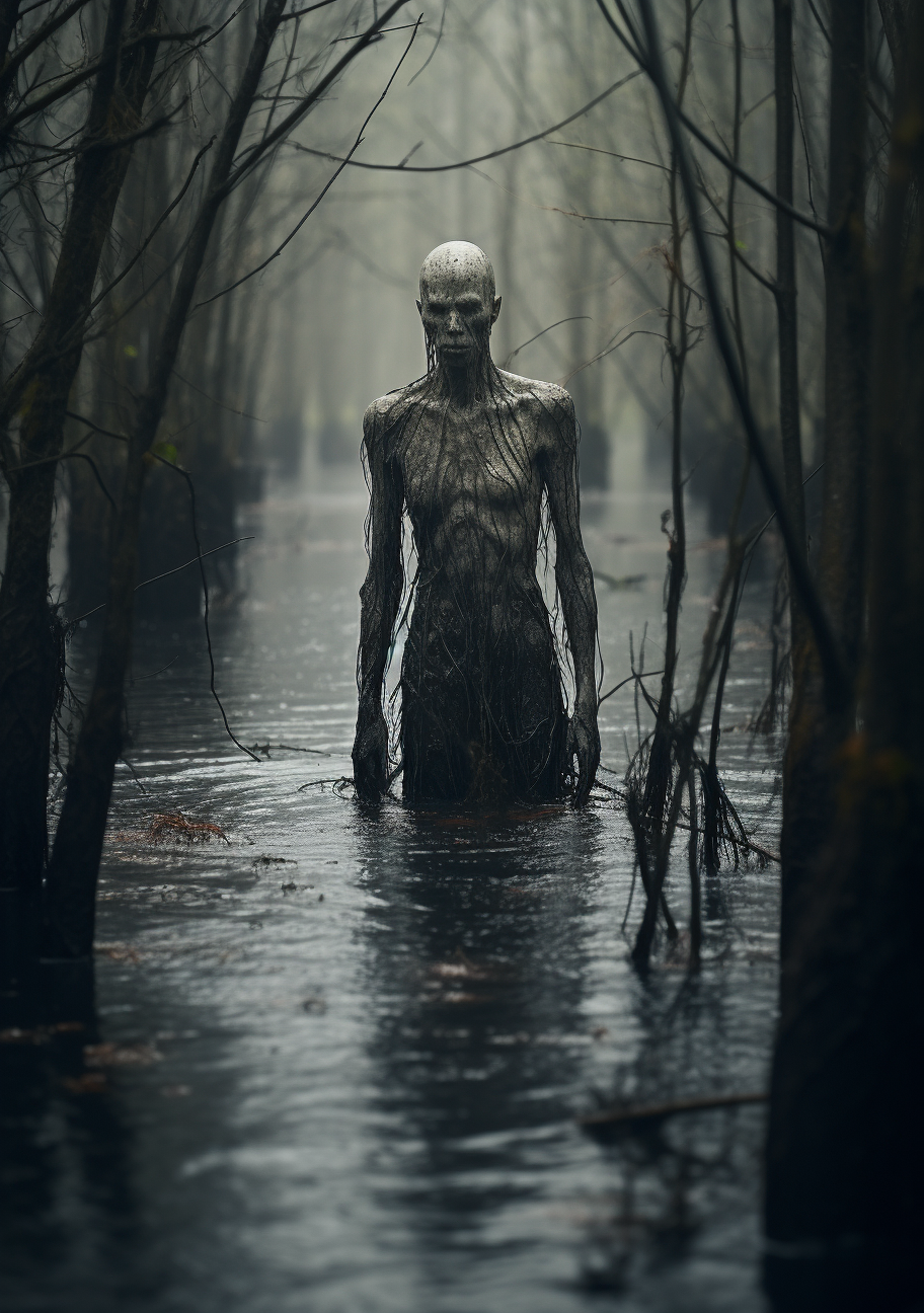 Scary humanoid in hostile gray swamp