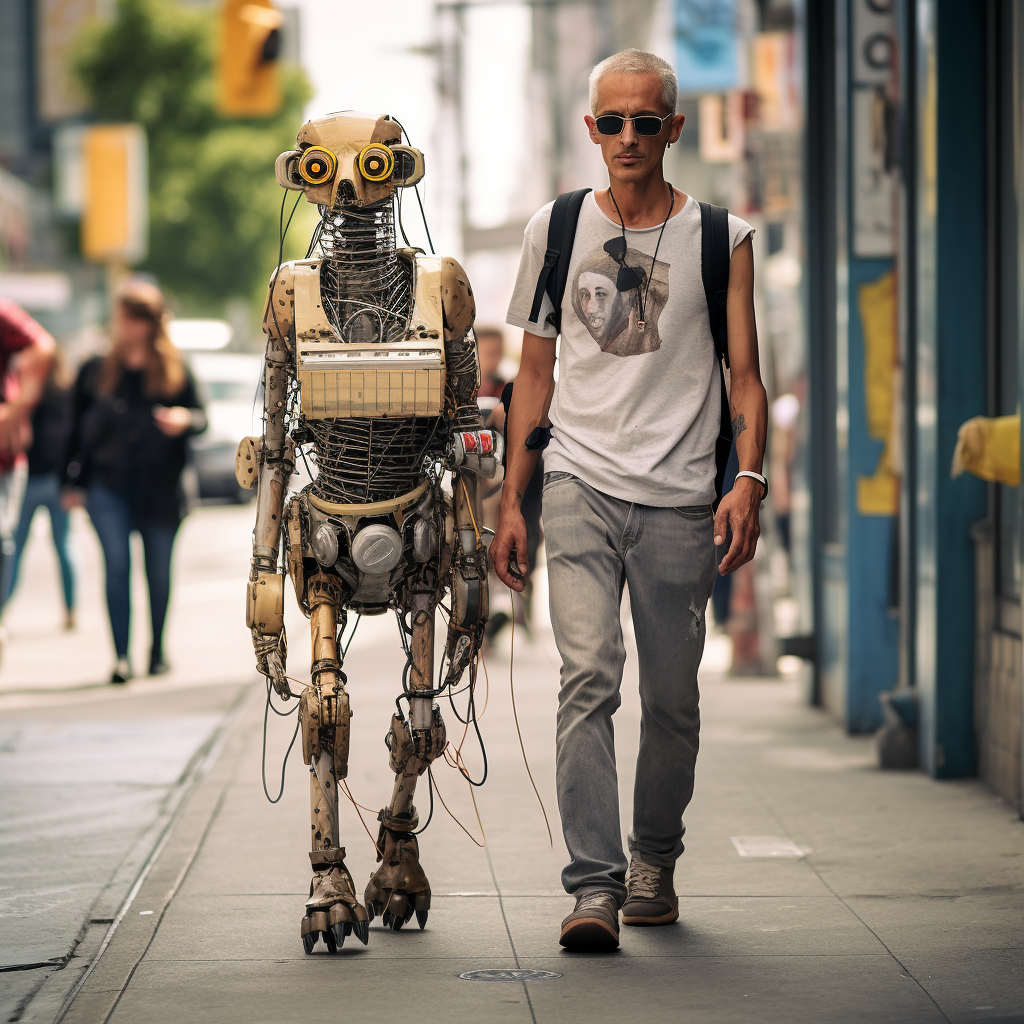 Humanoid robot walking small dog