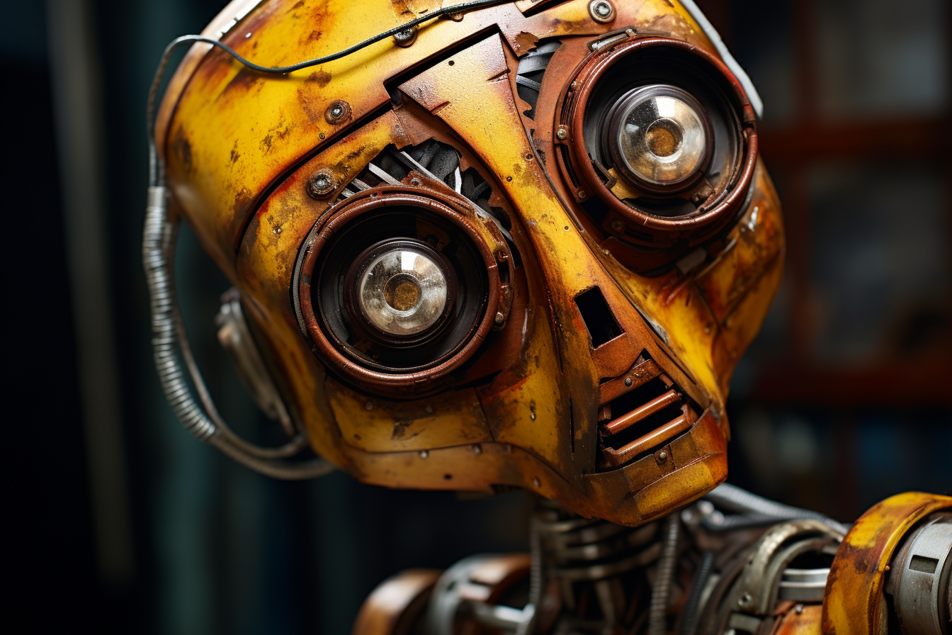 Rusted Patena Humanoid Robot with Blue Eyes