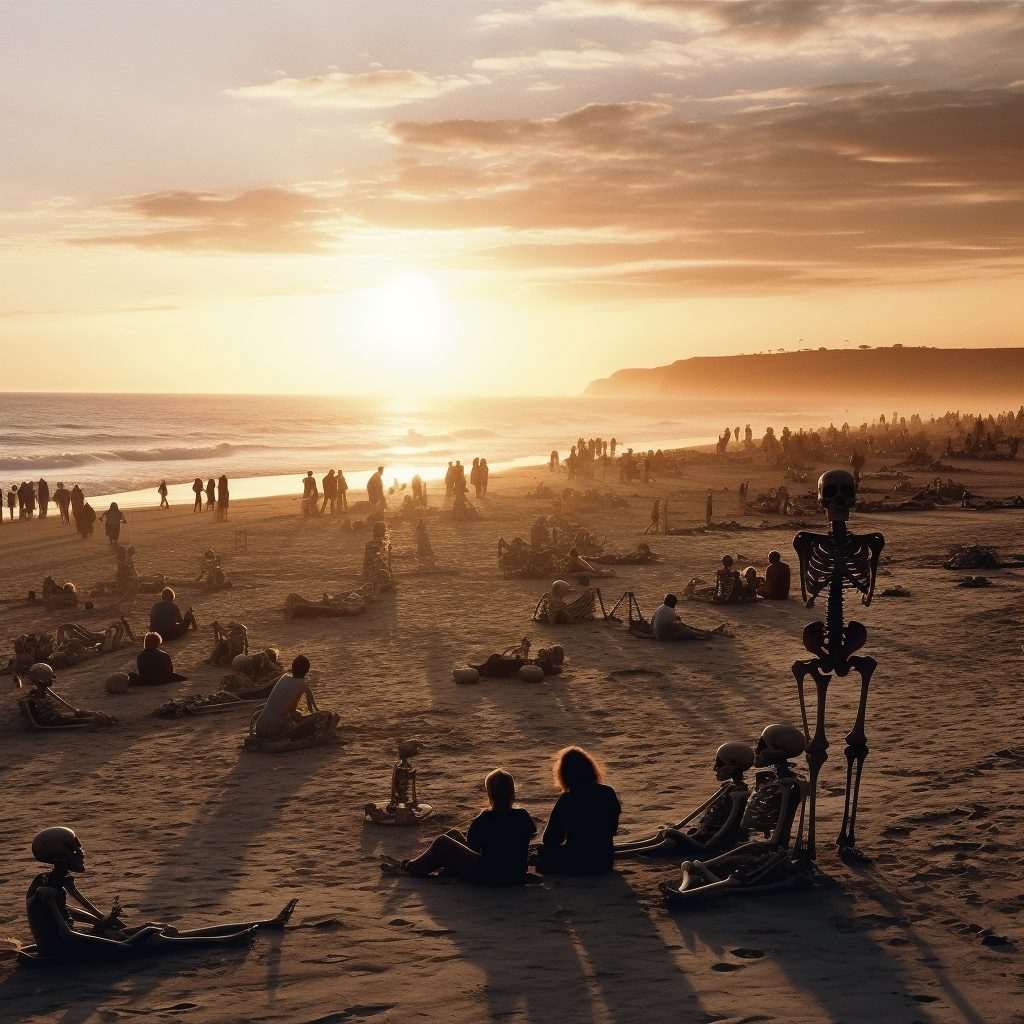 Humans Skeletons Sunset California Beach