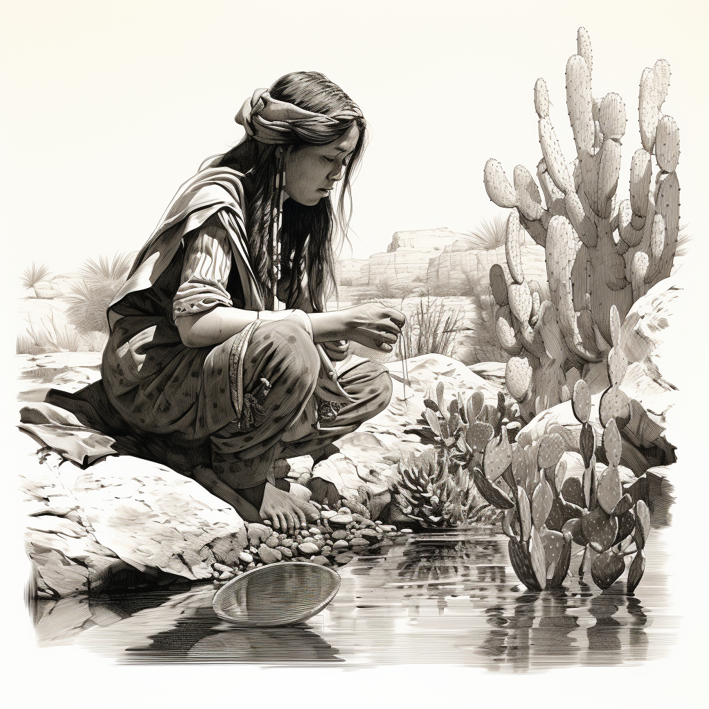 Native American woman collecting cactus tuna and nopal