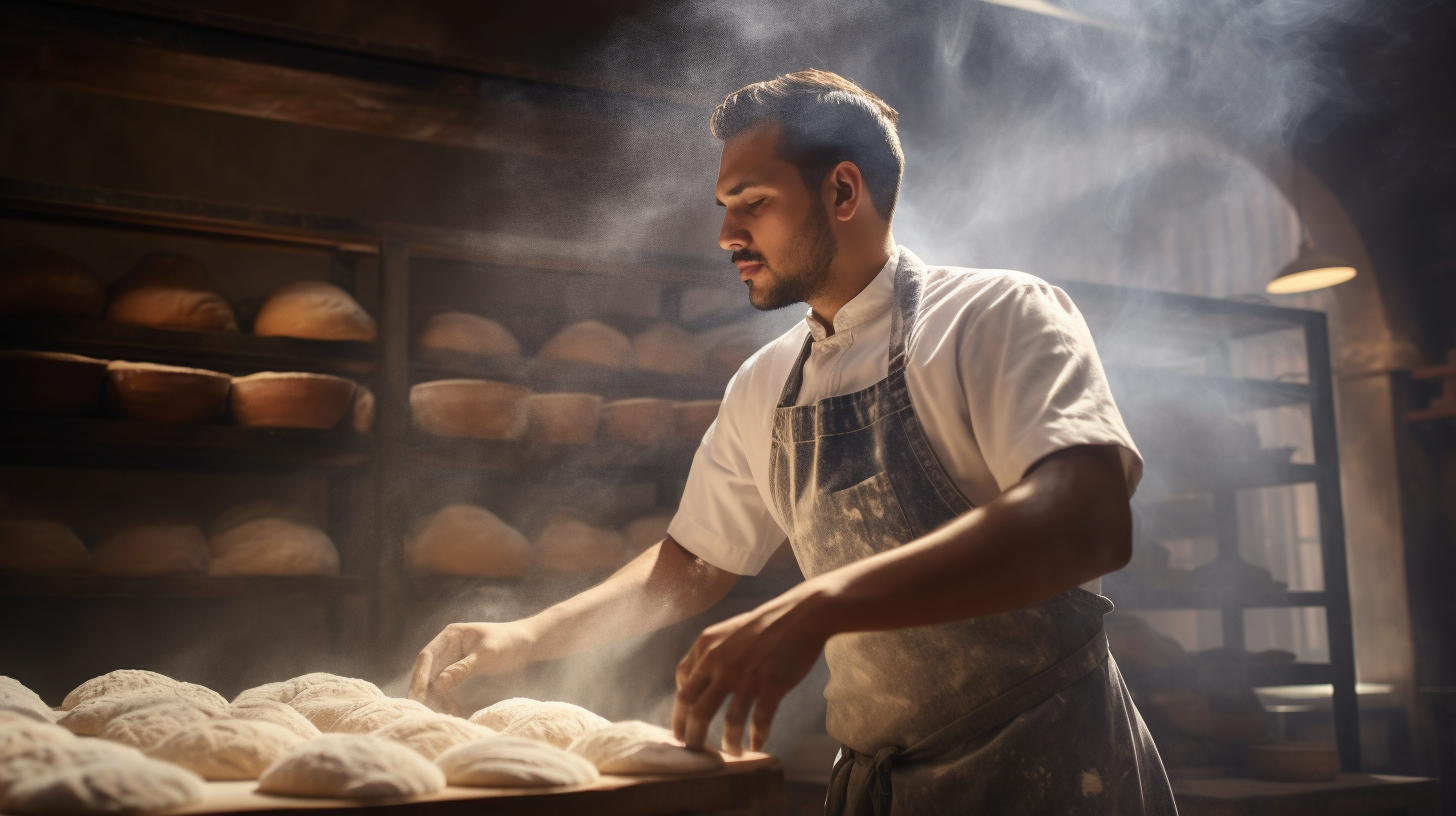 Baker adjusting dough in humid atmosphere