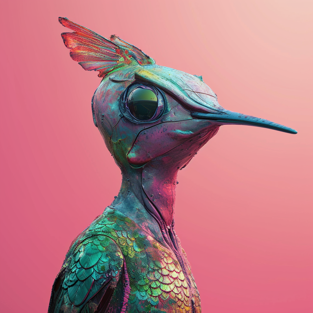 Photorealistic alien evolved from hummingbird on pink background