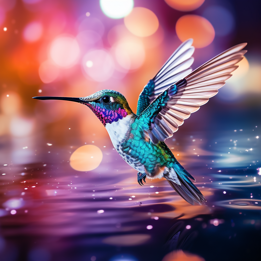 Hummingbird flying in light lake