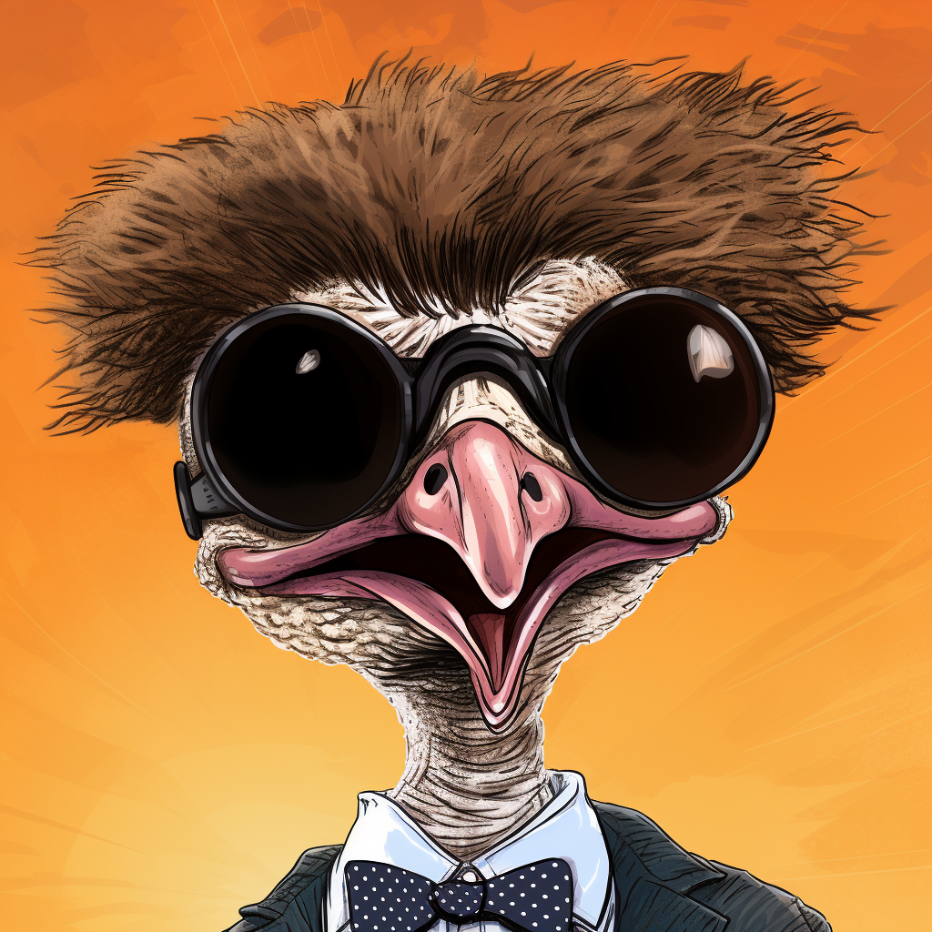 Anthropomorphic ostrich wearing sunglasses and holding microphones