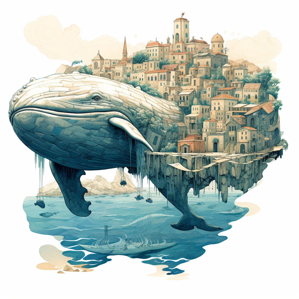 Illustration of humpback whale with island and Greek town