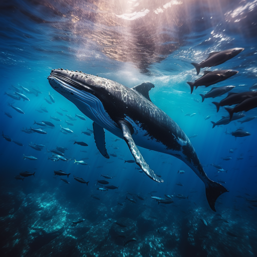 Humpback Whale with Dolphins in Clear Ocean