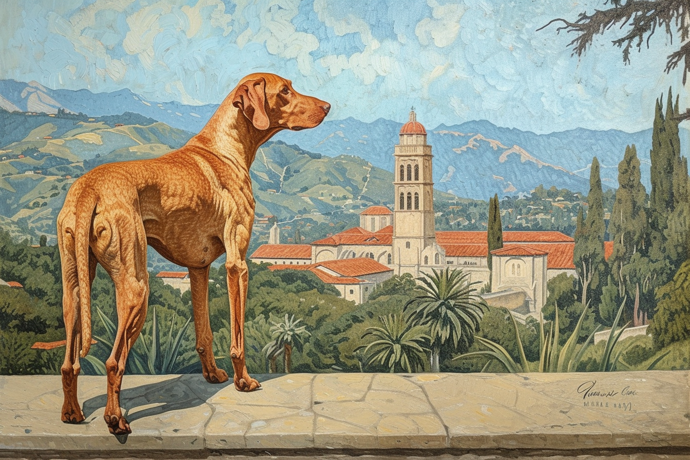 Hungarian Vizsla standing in front of Mission Santa Barbara