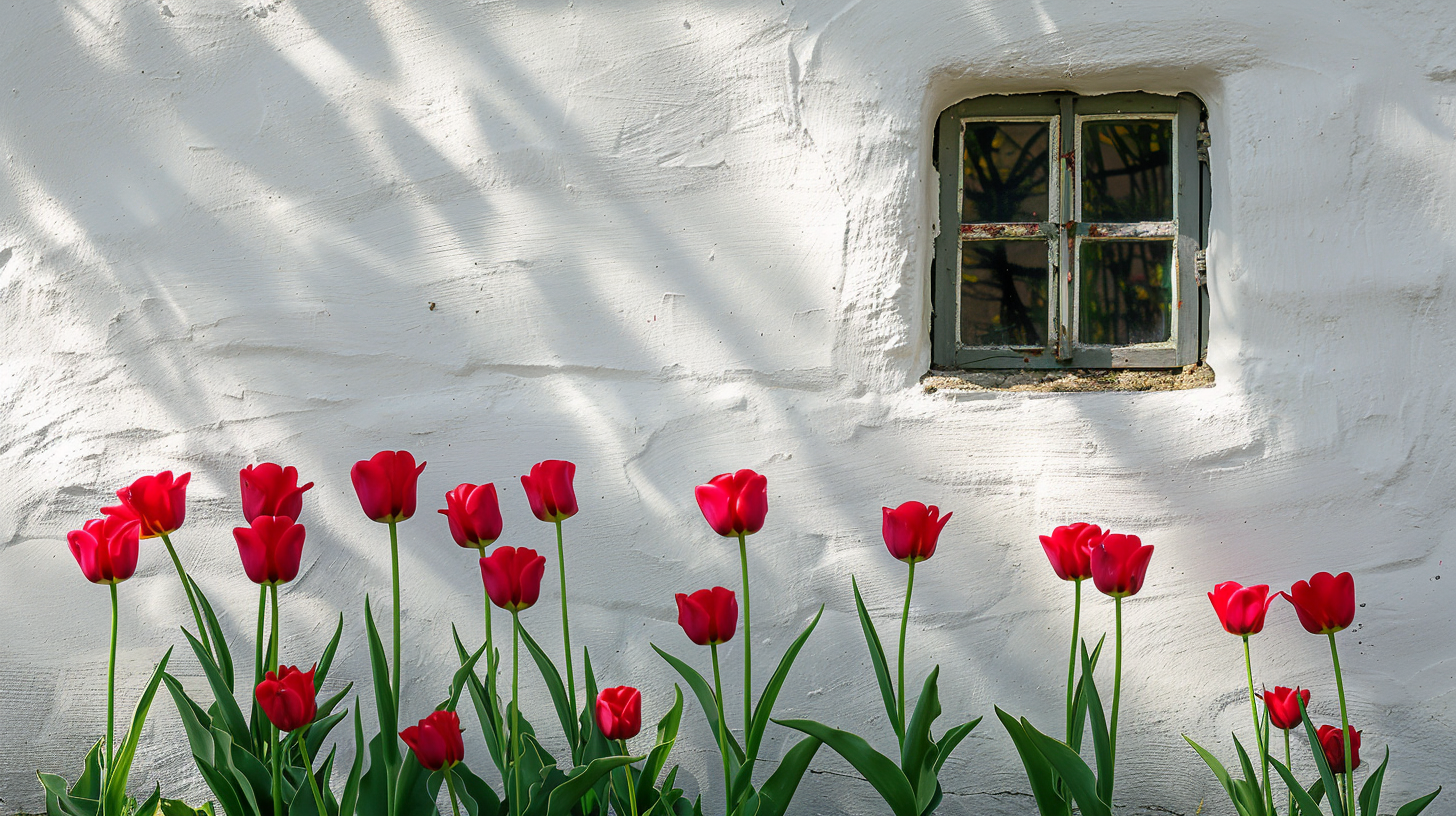 Tulips in front of white adobe