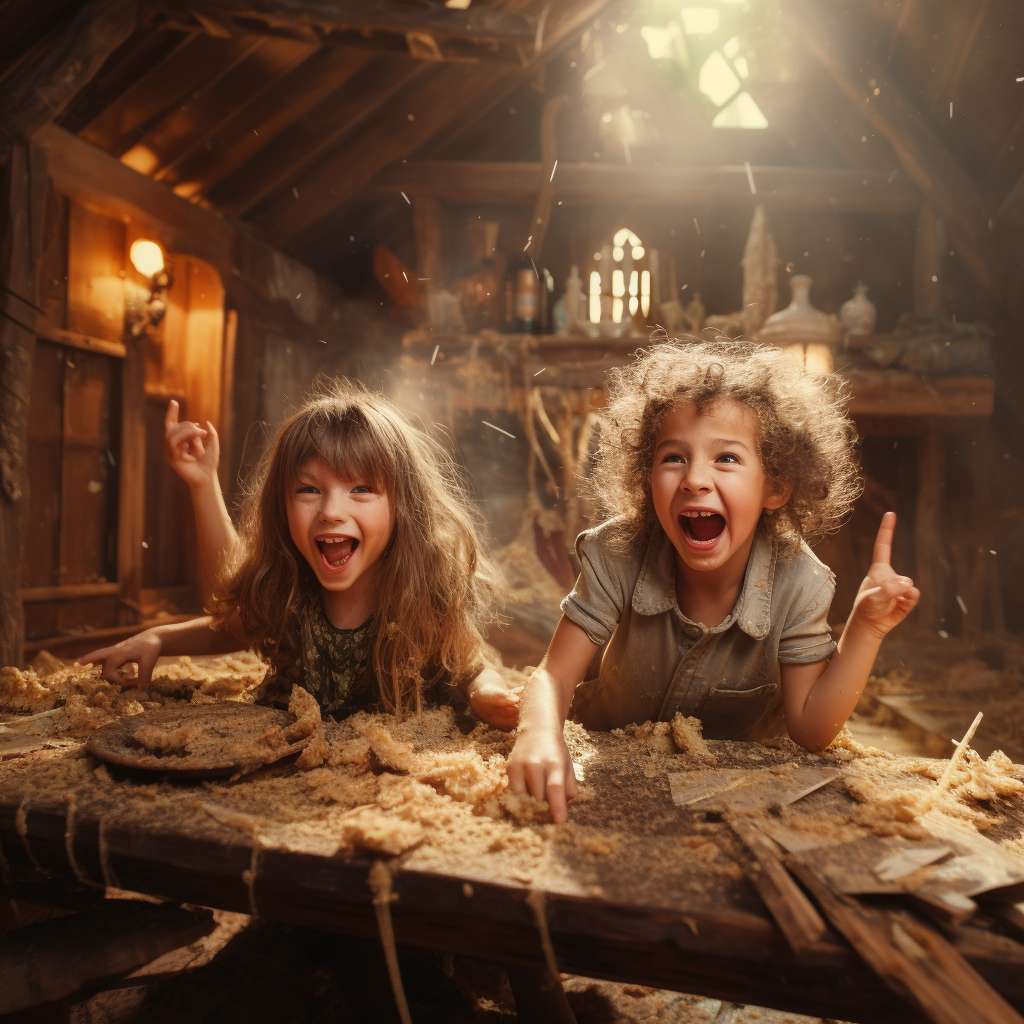 Children in destroyed house, feeling hungry