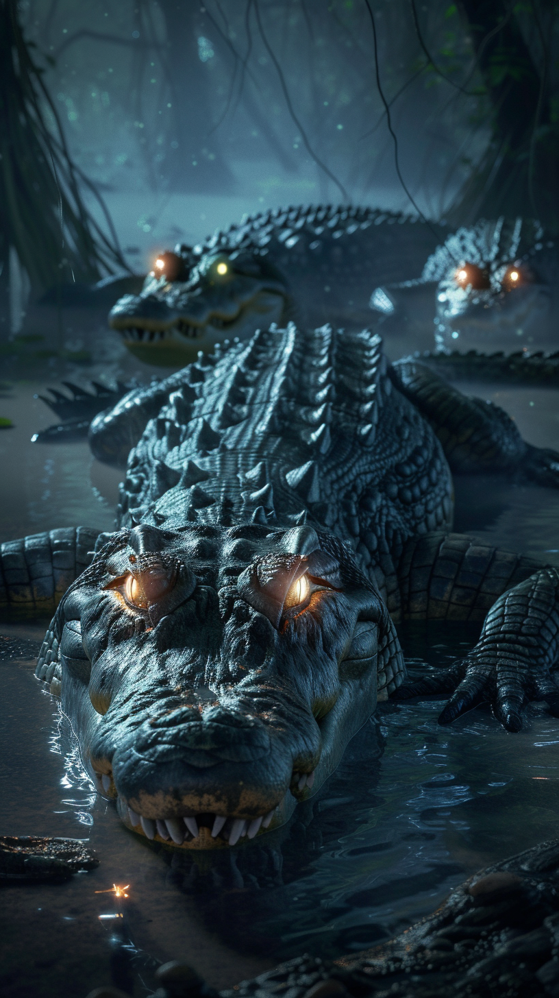 Angry glowing hungry crocodiles in night swamp