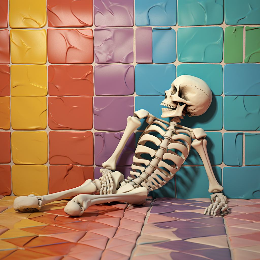 Hungry skeleton crawling out of colored tile wall