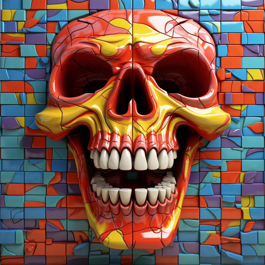 Colorful realistic hungry skull pushing out of tile wall