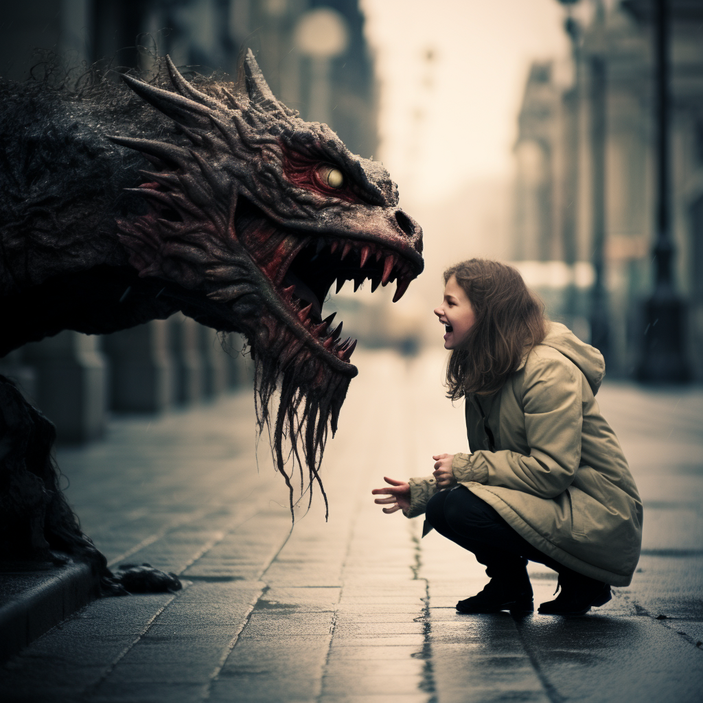 Hungry teenage vampire girl biting hideous monster