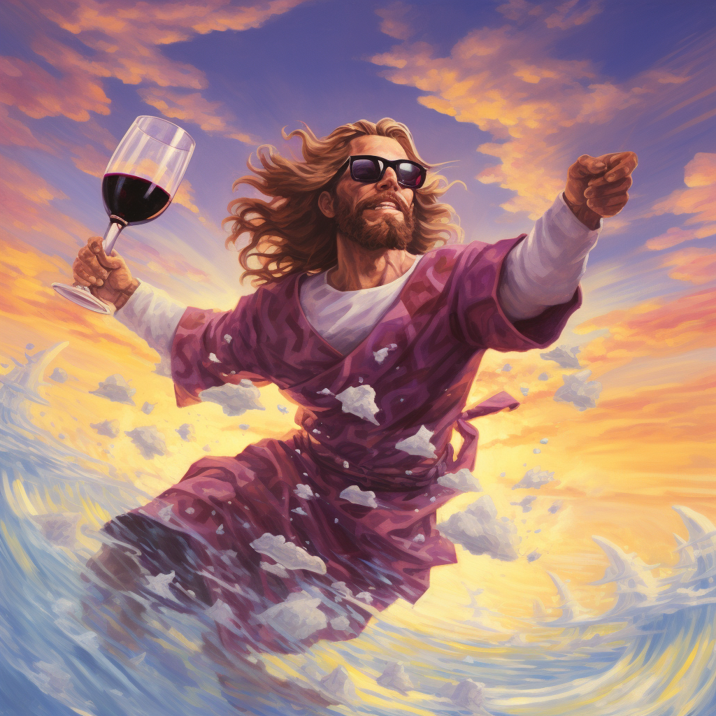 Hunk Jesus Surfing in Wine Wave