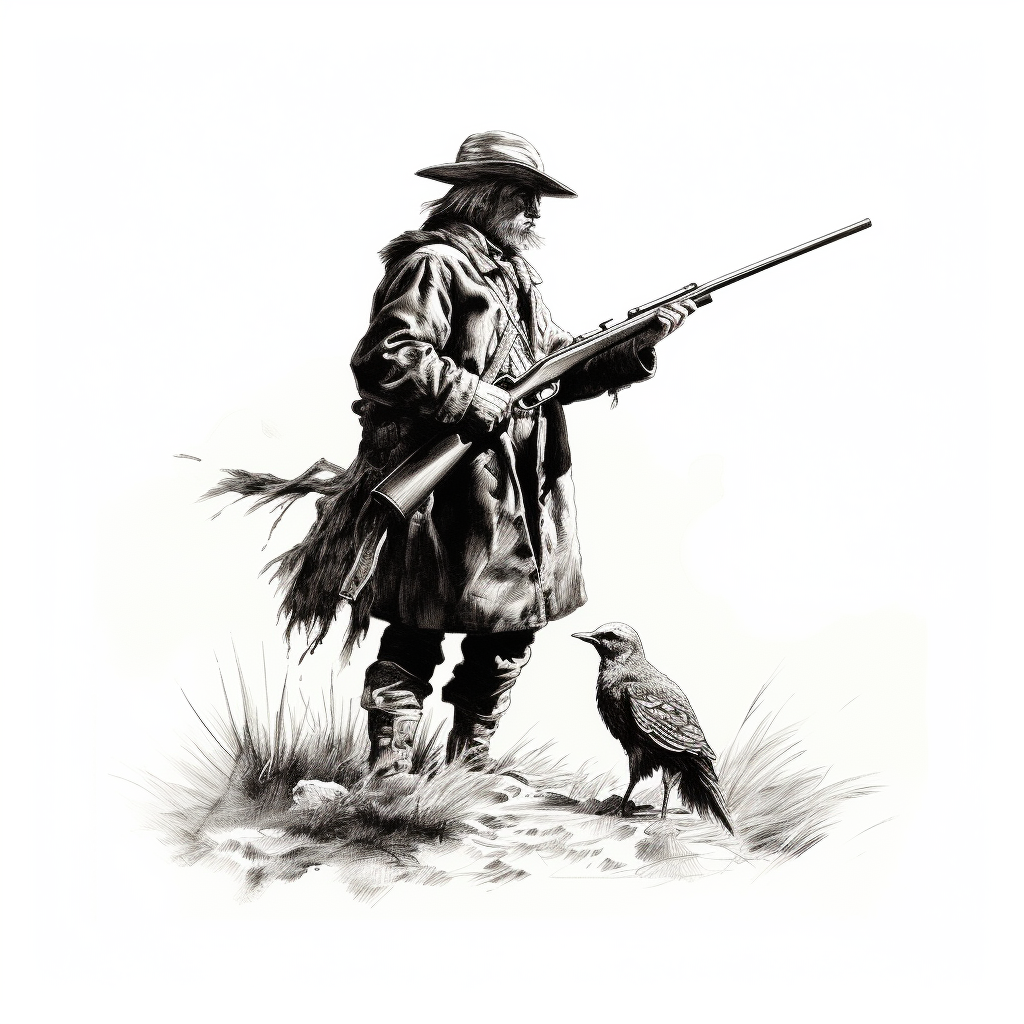 Hunter shooting bird realistic black white drawing